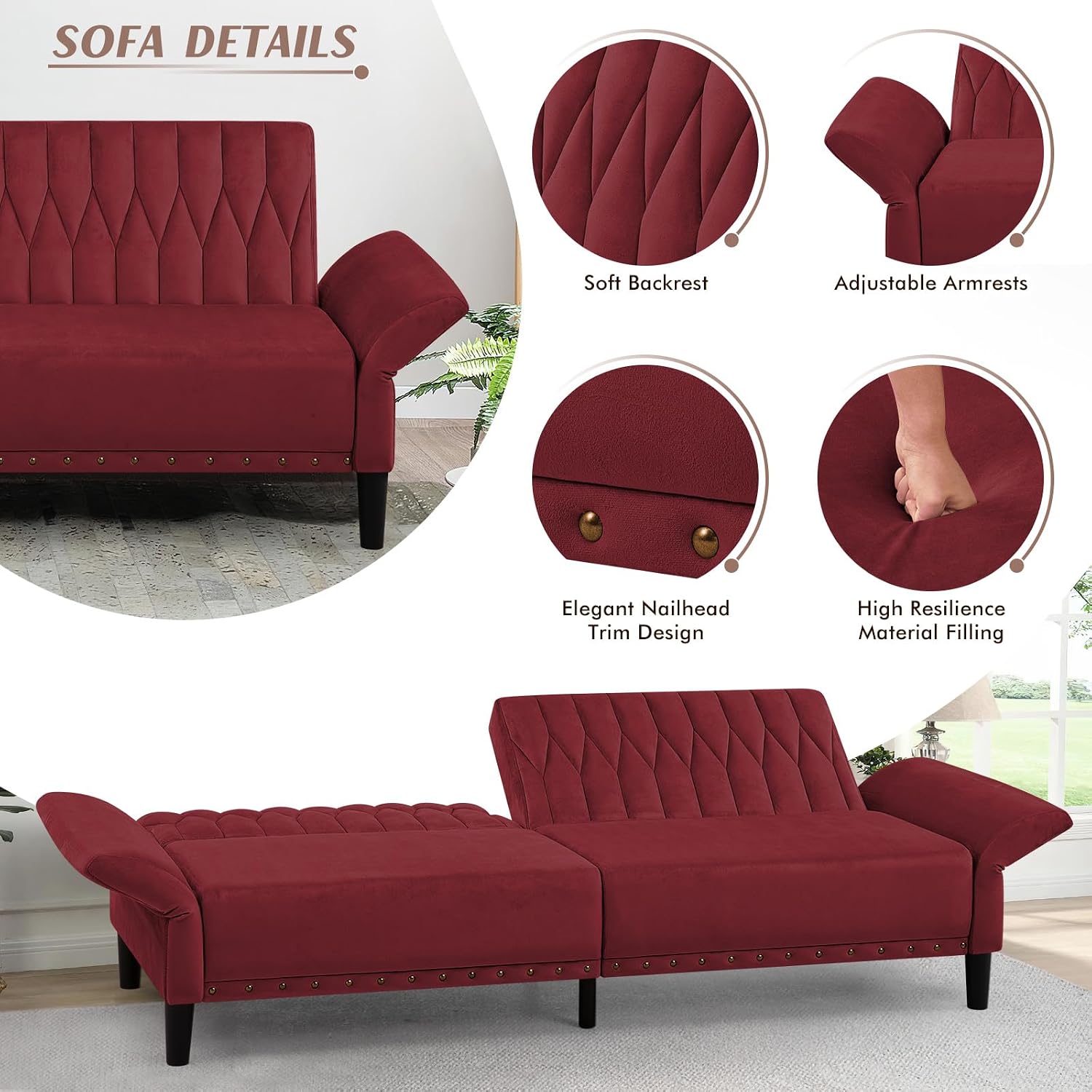 77' Velvet Sofa Bed with Adjustable Armrests and Backrests,Tufted Convertible Futon Couch with Nailhead Trim, Loveseat Modern Velvet Sleeper Sofa for Living Room,Bedroom,Office, Red