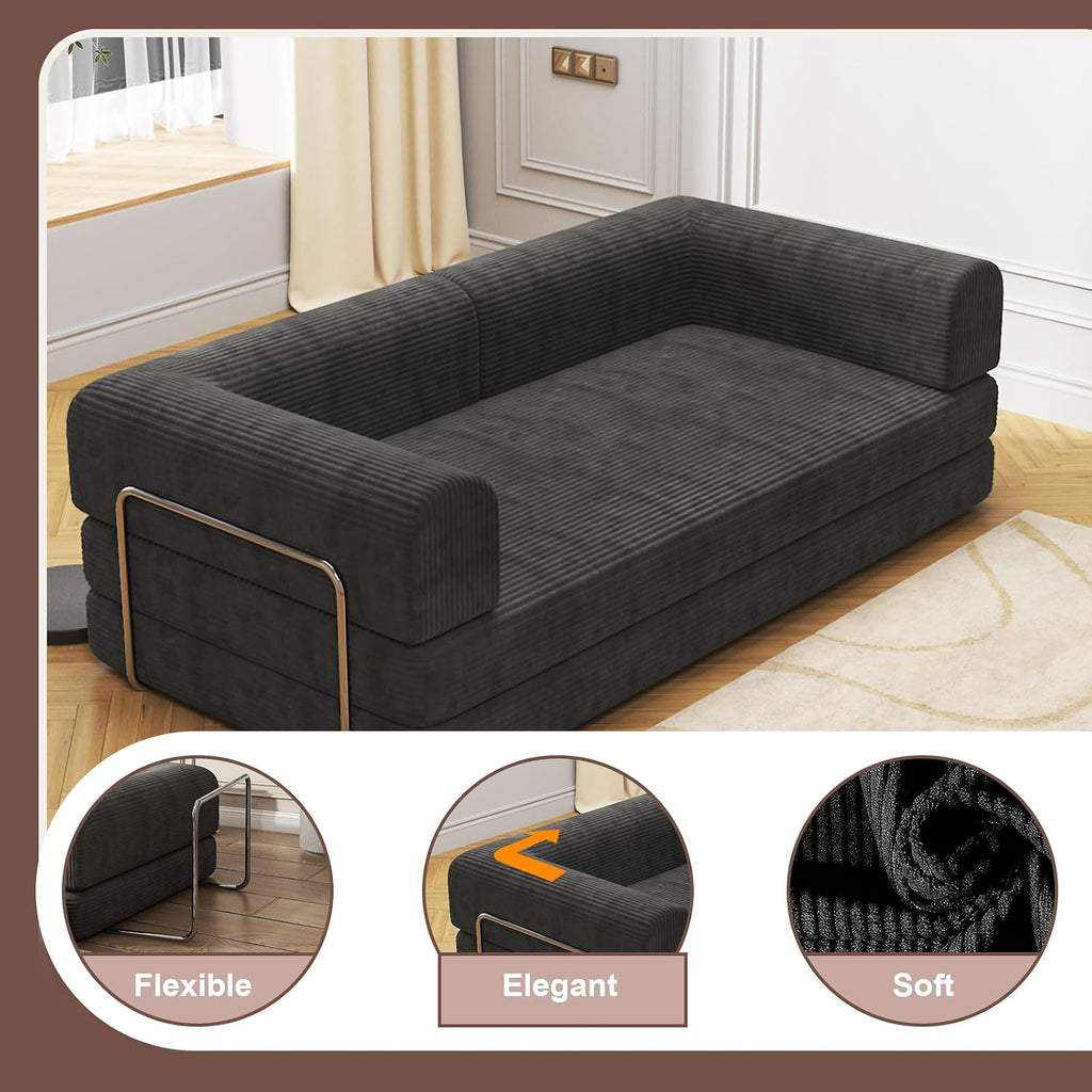 Convertible Corduroy Sleeper Sofa Bed,Folding Mattress Couch with Fixed-Shape Frame, 3 Seater Fold Out King Size Futon,No Assembly Floor Couch for Living Room Dorm Studio 78.7*39.4*29.6 in Black