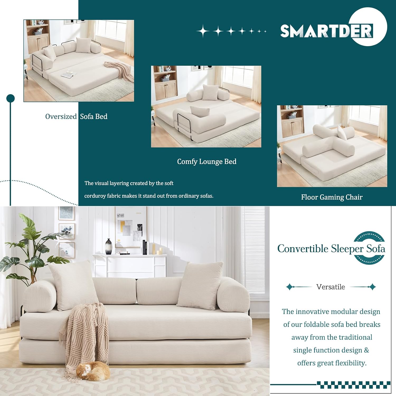 Convertible Folding Sofa Bed, Modular Floor Sofa with Removable Backrest, 3-Seater Fold Out Couch Bed with Pillows, King Size Futon Lazy Couch Corduroy Sleeper for Living Room, Dorm, Beige