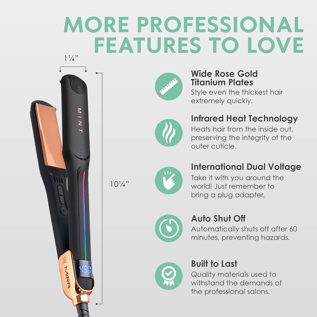 Professional Series MIRA Titanium Flat Iron Hair Straightener for Thick & Fine Hair | Powerful Single-Pass Straightening | Straightener & Curling Iron in One | 1 1/4 Inch Wide Flat Iron by MINT