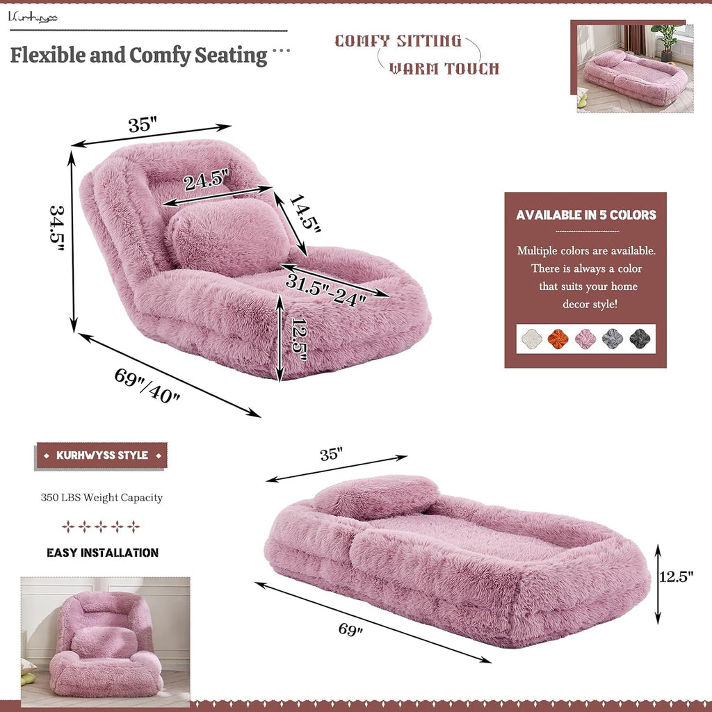 Upholstered Human Dog Bed for Adult & Pets, Convertible Lazy Sofa Bed with 5 Adjustable Position, Comfy Tatami Bean Bag Lounge Chair with a Soft Pillow for Bedroom Living Room (Pink Fluffy)