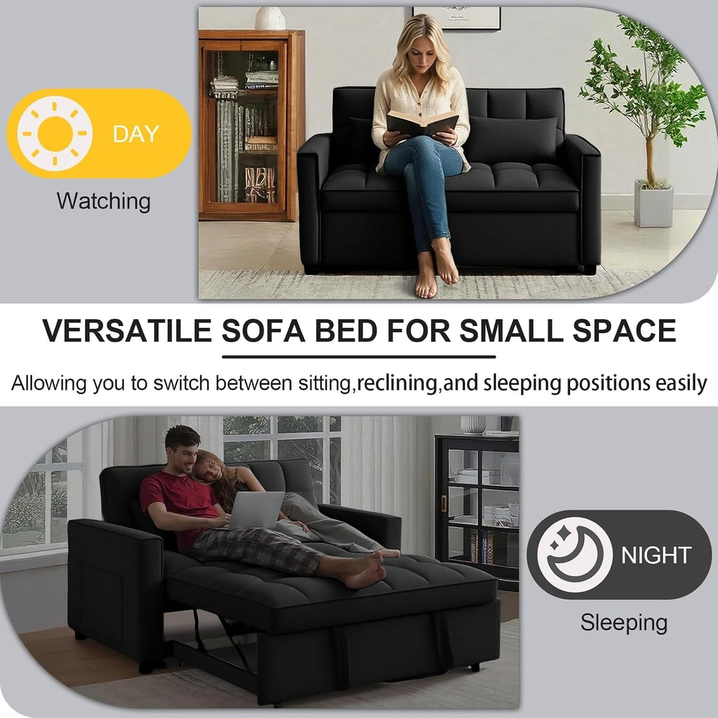 Convertible Sofa Bed, Pull Out Sofa Bed with Adjustable Backrest, 3 in 1 Velvet Fabric Loveseat Sleeper Sofa Bed Couch with Side Pockets for Living Room, Bedroom, Apartment, Black