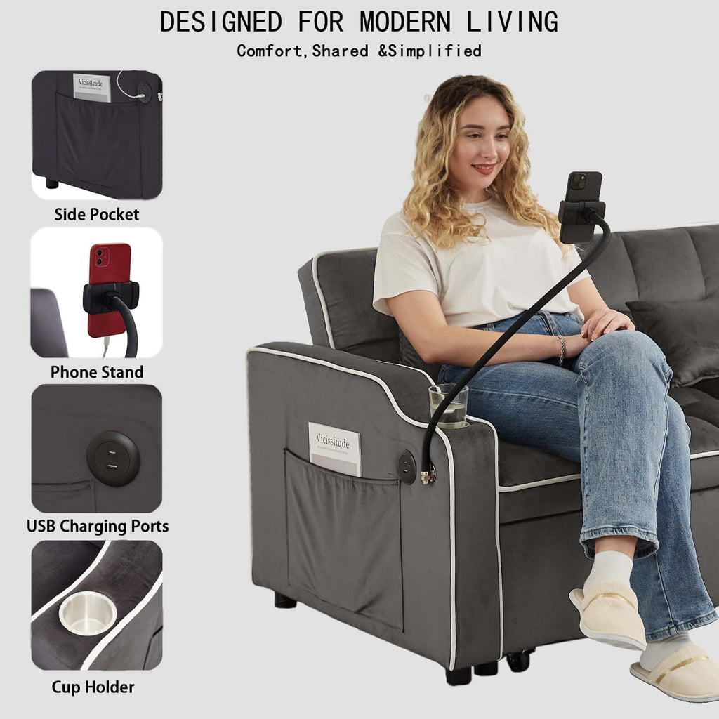 Convertible Sofa Bed, 3 in 1 Futon Sofa Bed with USB Charging Ports, Cup Holder, Phone Stand & Pocket, Modern Upholstered Sleeper Sofa for Living Room, Apartment or Small Space (Grey-L)