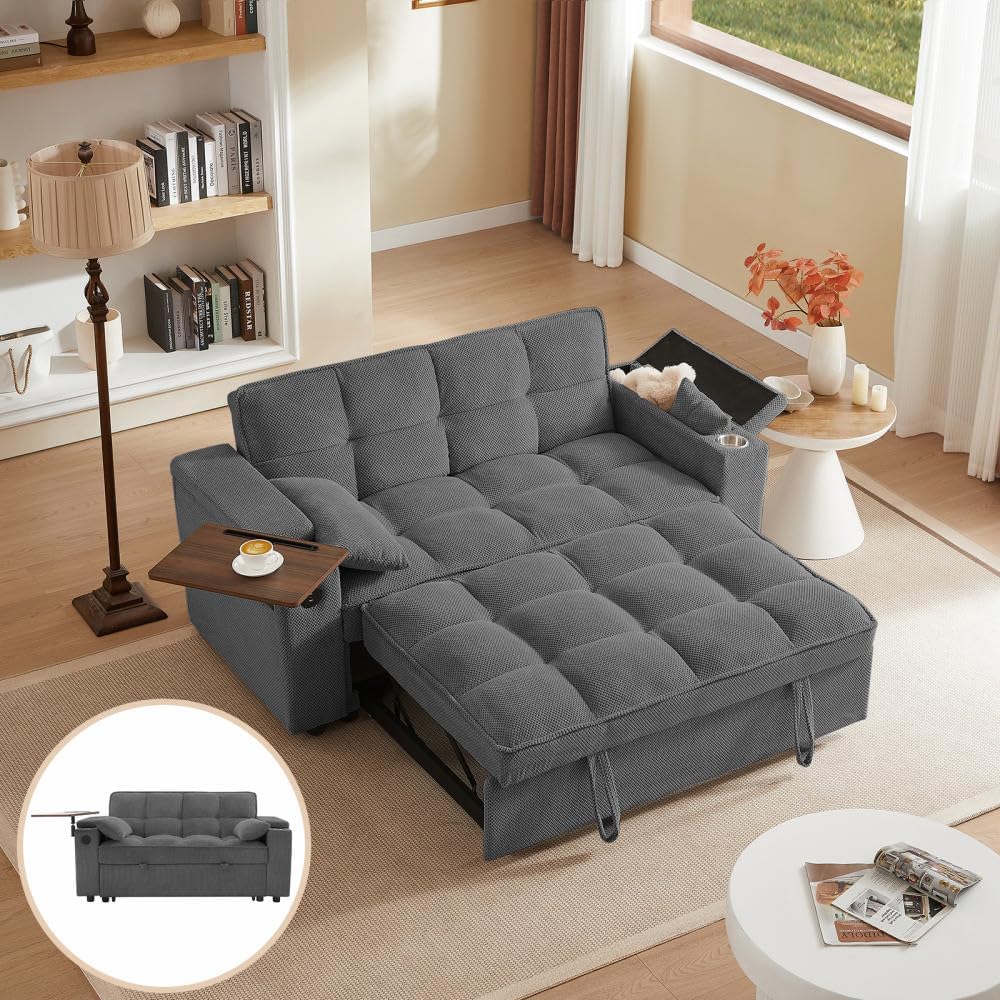 Auvsoce 65'' Convertible Sleeper Sofa Bed with Adjustable Backrest, Chaise Lounge, Side Table & USB/Type-C Ports – Stylish & Functional Addition to Any Living Room (Dark Grey Sofa Bed)