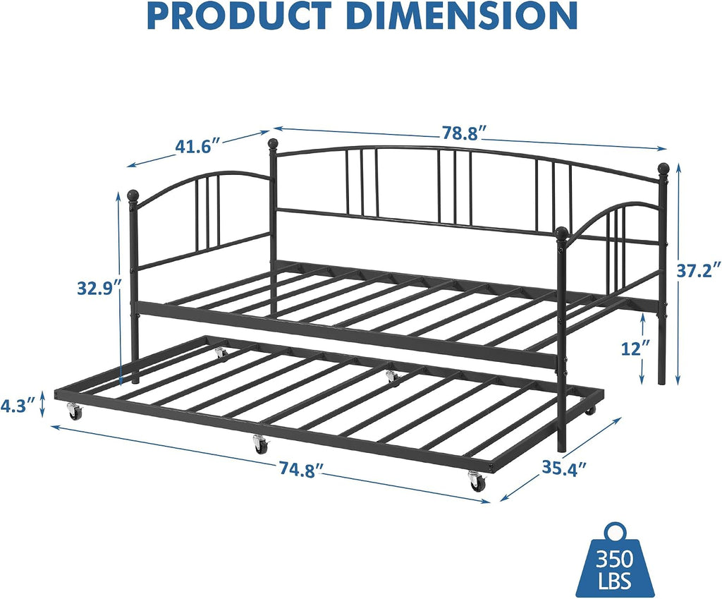 IDEALHOUSE Twin Daybed with Trundle, Metal Twin Size Daybed with Pullout Trundle 6 Casters, Steel Slat Support Sofa Bed for Living Room, Bedroom, Guest Room (Black)