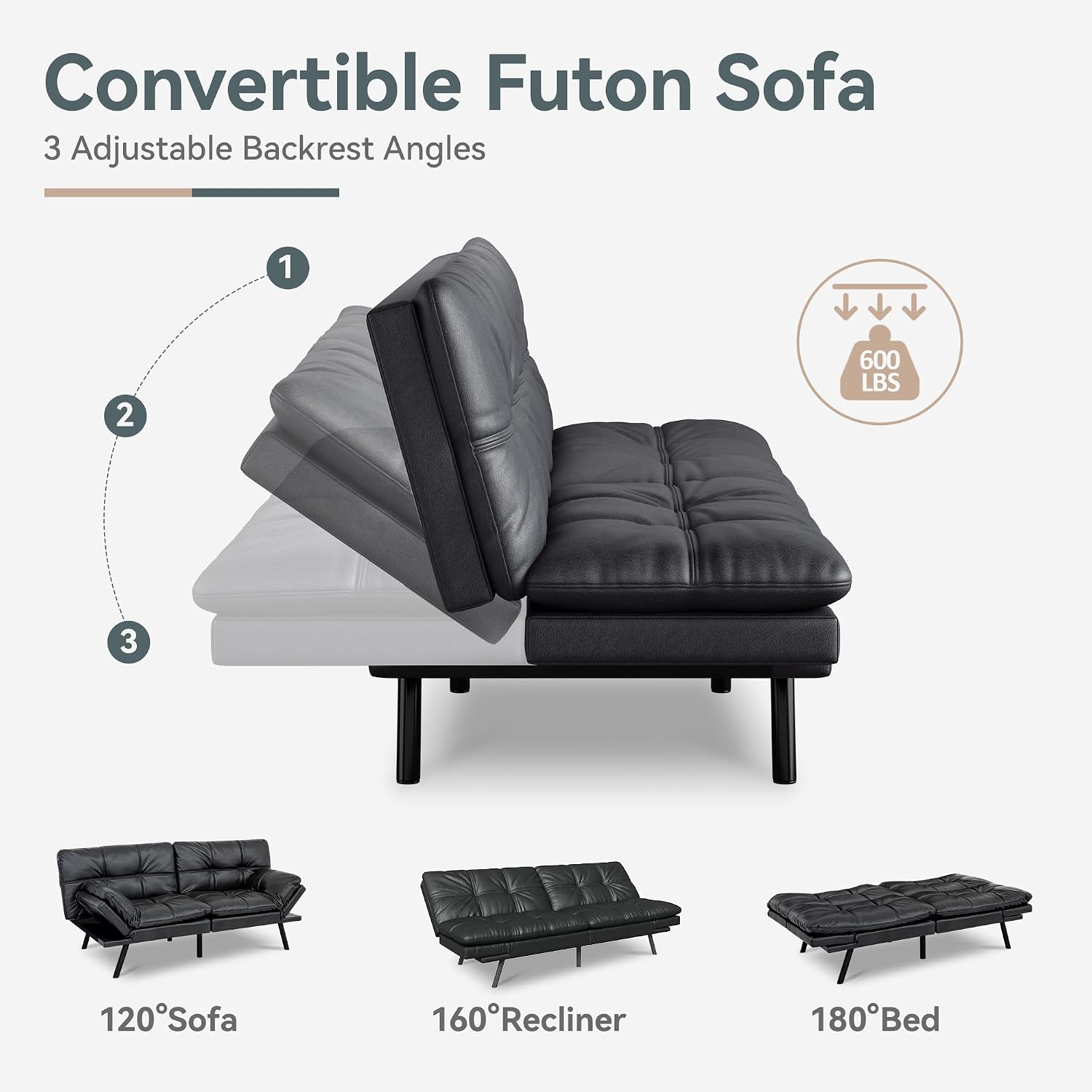 Futon Sofa Bed Convertible Couch, Black Faux Leather Sofa Bed with Memory Foam, Adjustable Backrest & Armrests, Multifunctional Small Loveseat Sleeper Sofa for Living Room, Apartment, Office
