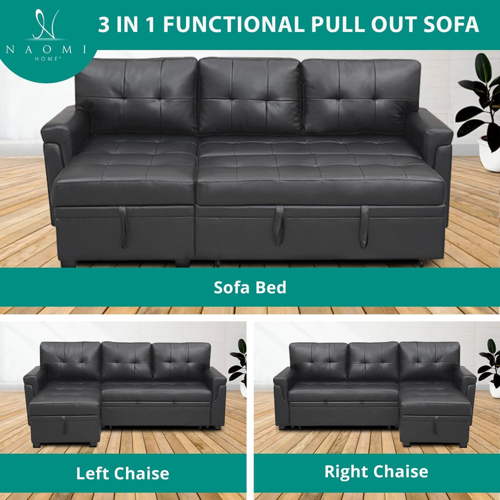 Naomi Home L Shaped Sectional Couch with Storage & Pull Out Bed – 3-in-1 Convertible Sleeper Sofa Bed, Small L Shape Sofa for Living Room, Sofa Bed with Storage Chaise in Black, Air Leather