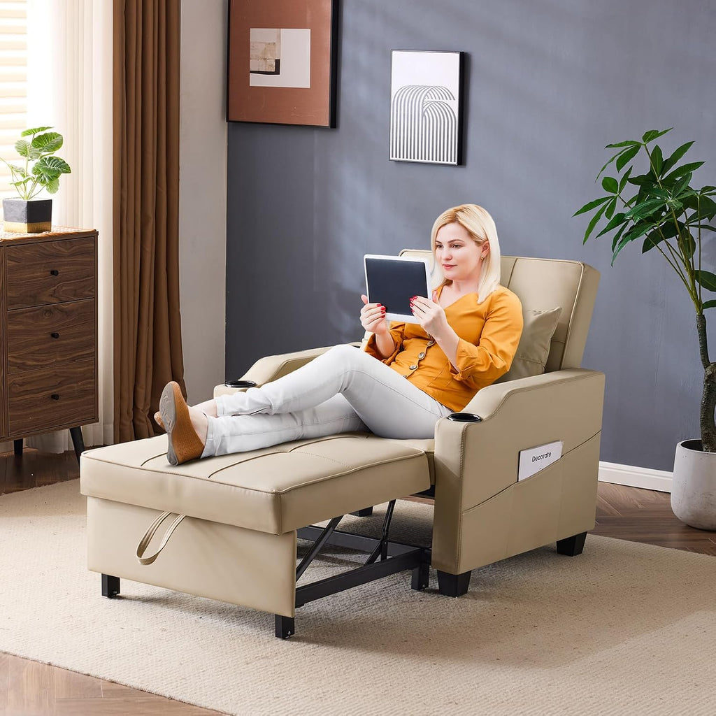 VINGLI Sofa Bed Chair Recliner, 3-in-1 Convertible Sleeper Sofa Chair Bed Beige Daybed Pull Out Couch Bed with Adjustable Backrest, USB Ports, Cup Holders for Small Spaces Living Room