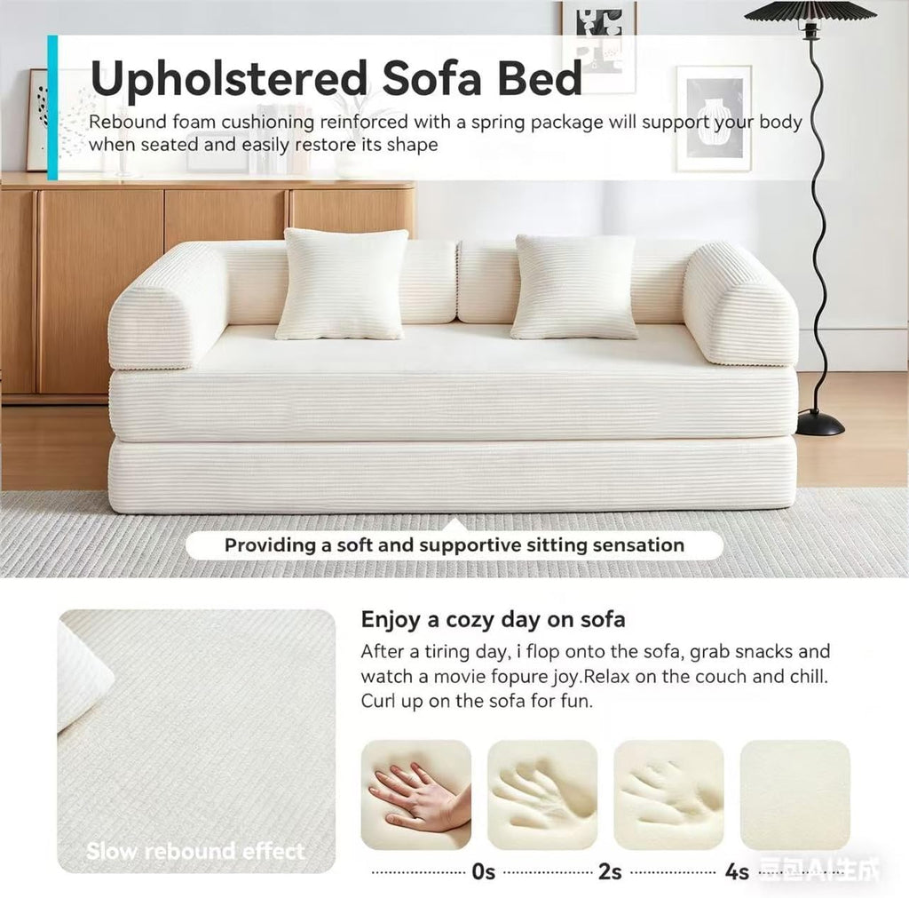 Convertible Folding Couch, 5-in-1 Futon Sofa with Armrests, Convertible Sleeper Sofa Bed Comfy Fold Out Bed for Living Room, Bedroom,Guest, Office, No Assembly Sofa for Small Spaces(Beige White)