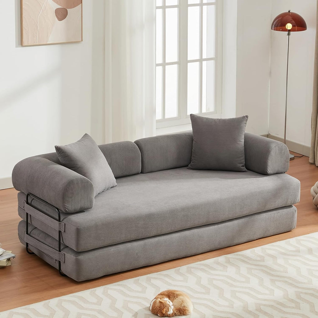 Convertible Folding Sofa Bed, Modular Floor Sofa with Removable Backrest, 3-Seater Fold Out Couch Bed with Pillows, King Size Futon Lazy Couch Corduroy Sleeper for Living Room, Dorm, Grey