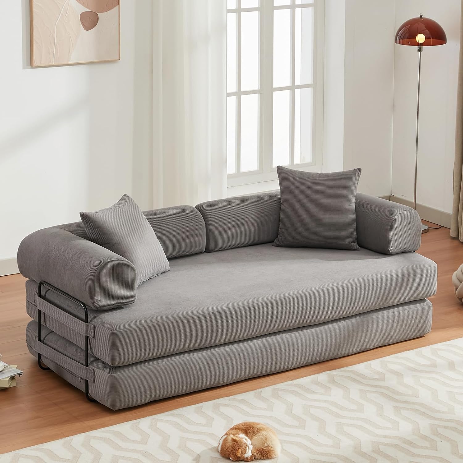 Convertible Folding Sofa Bed, Modular Floor Sofa with Removable Backrest, 3-Seater Fold Out Couch Bed with Pillows, King Size Futon Lazy Couch Corduroy Sleeper for Living Room, Dorm, Grey