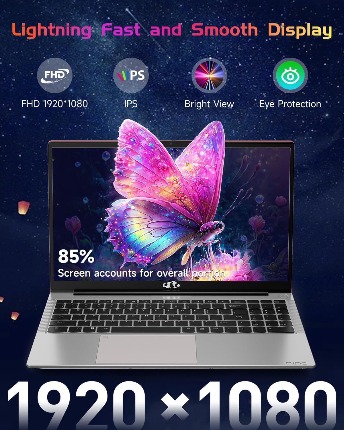 NIMO 15.6' IPS FHD-Laptop, Intel Pentium Quad Core N100 8GB RAM 256GB SSD (Beat i3-1115G4, Up to 3.4GHz) Computer with Backlit Keyboard Fingerprint Type-C WiFi 6 BT5.2, for Student and Home