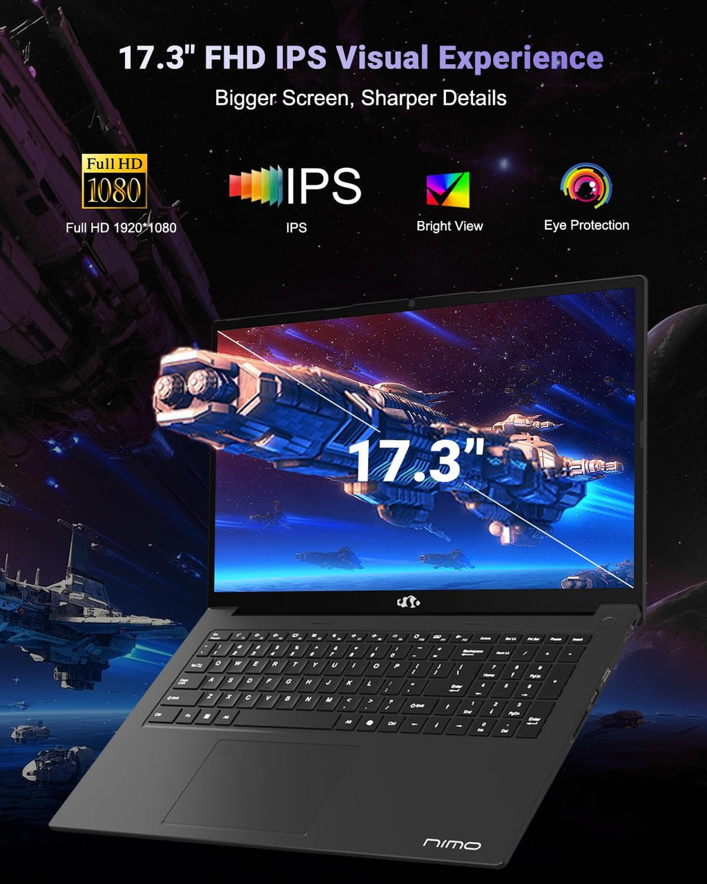 NIMO 17.3' Light-Gaming-Laptop, 8 Cores AMD Ryzen 7 8745HS 32GB DDR5 RAM 1TB SSD (Beat R9 6900HX, up to 4.9GHz) Radeon 780M GPU IPS FHD Computer with 100W Type-C Fingerprint, Backlit Keyboard