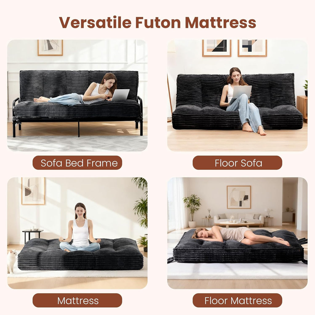 10 Inch Thick Futon Mattress, Shredded High Density Foam Floor Mattress, Portable Foldable Sleeping Mattress, Corduroy Lounger Bed for Guest Room Dorm Apartment Camping Travel