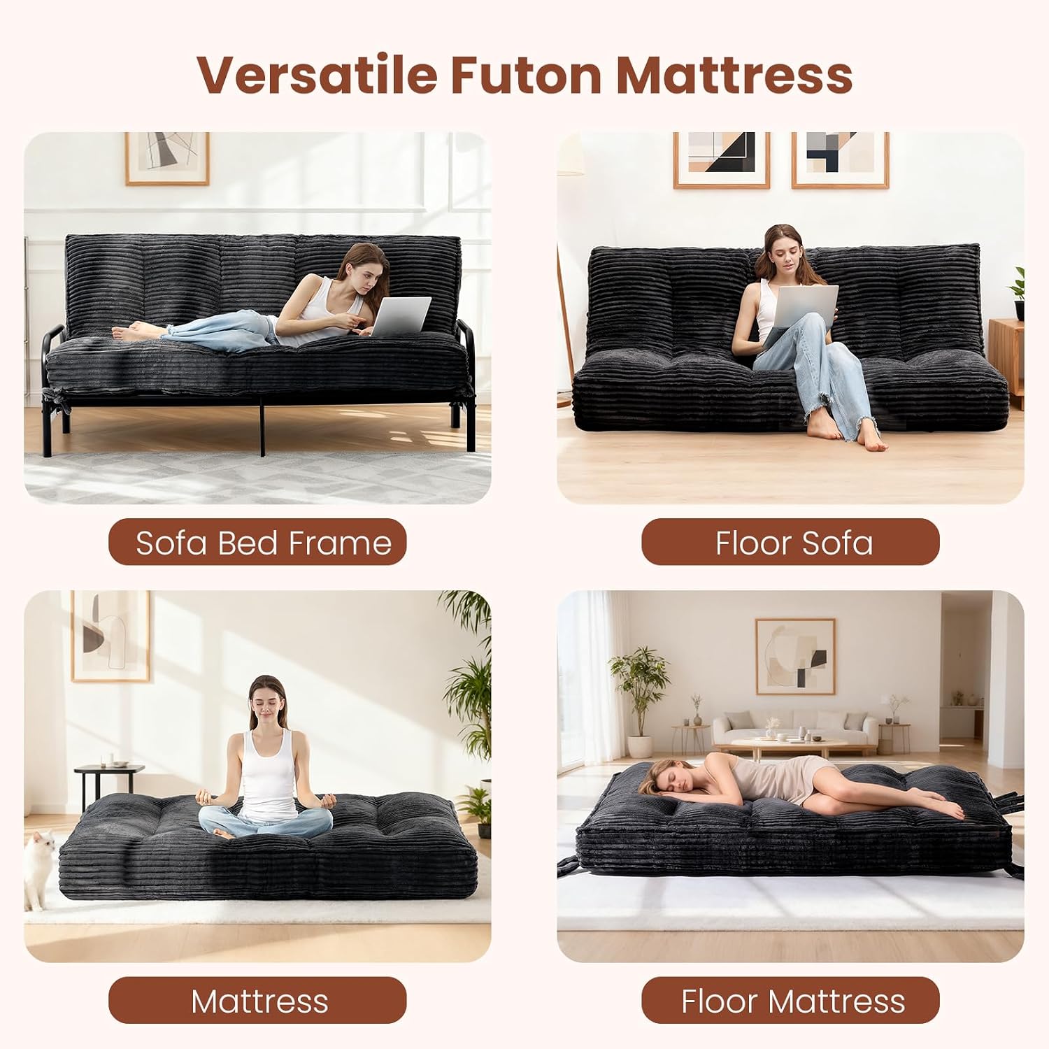 10 Inch Thick Futon Mattress, Shredded High Density Foam Floor Mattress, Portable Foldable Sleeping Mattress, Corduroy Lounger Bed for Guest Room Dorm Apartment Camping Travel
