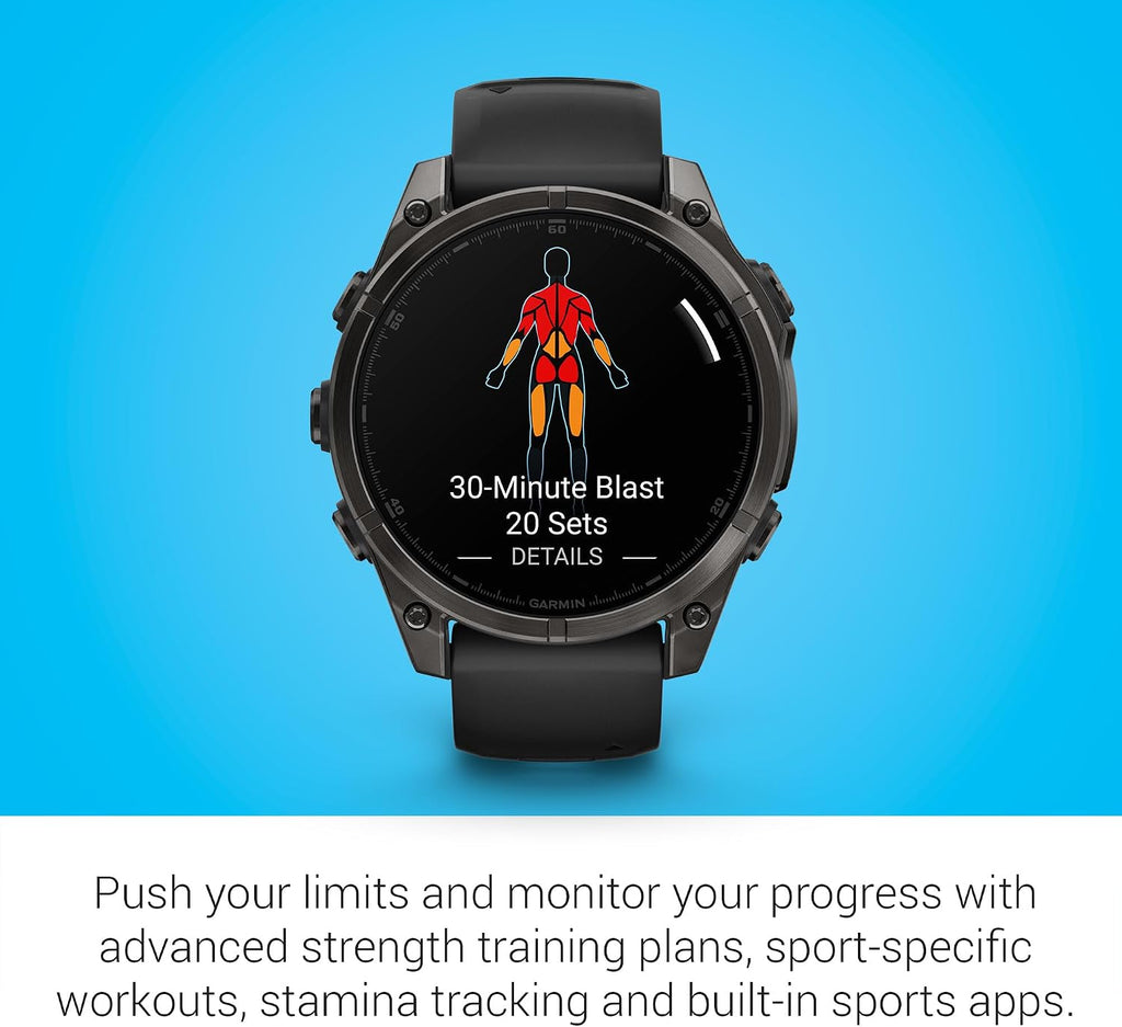 Garmin Fenix 8 Premium Multisport GPS Running Smartwatch, 47 mm | AMOLED, Dive-Rated, Built-in Flashlight | Carbon Gray DLC Titanium with Pebble Gray Band with Signature Series Charging Stand