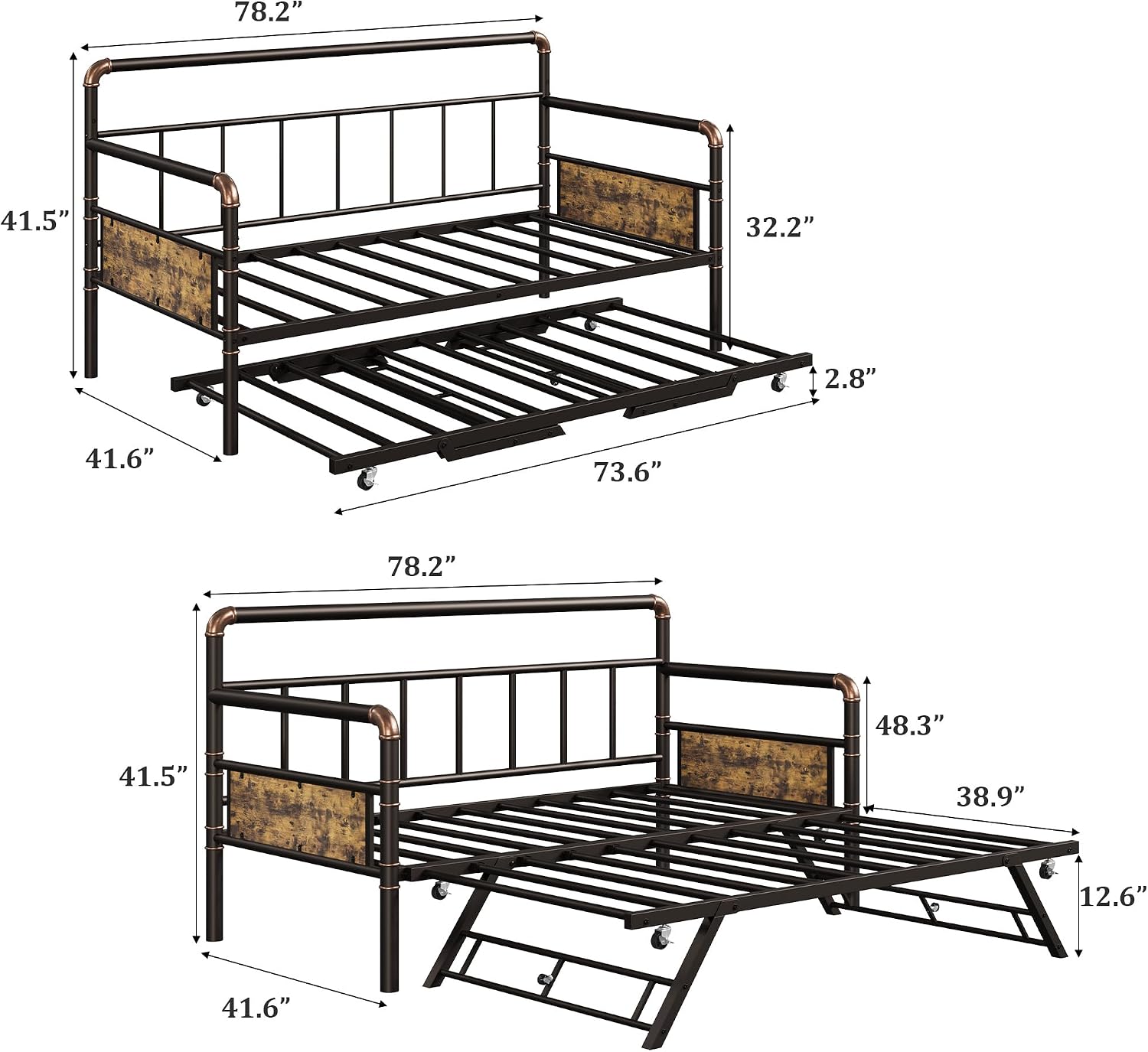 GarveeHome Daybed with Trundle, Twin Daybed with Pop Up Trundle Set, Metal Twin Bed Frame with Steel Slat Support, Sofa BedFrame for Kids/Teens/Adults, Easy Assembly, Brown