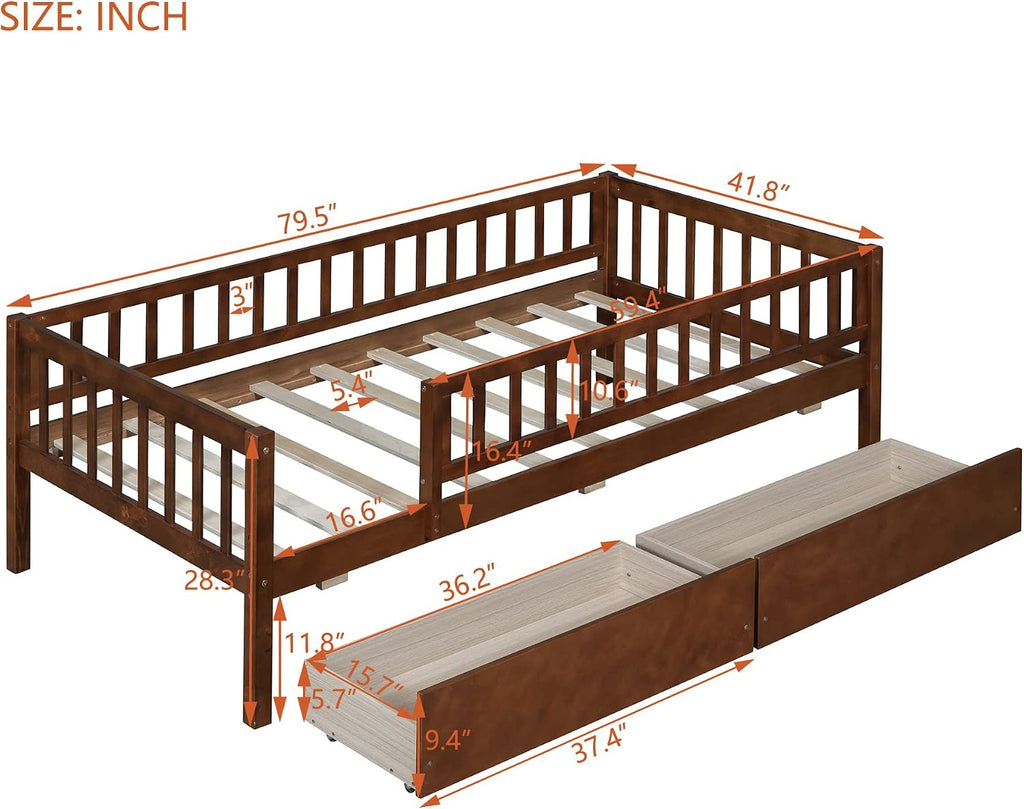 Montessori Bed Frame with Fence Railings and Drawers for Kids,Twin Size Wood Low Platform Bed Frame with Full-Length Safety Guardrails for Boys Girls,No Box Spring Needed,Walnut