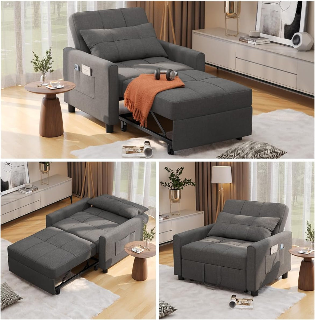 Aiho Sleeper Sofa Chair with Bed, 3-in-1 Convertible Sofa Bed in Modern Linen Fabric for Apartment Living Room Study, Dark Gray