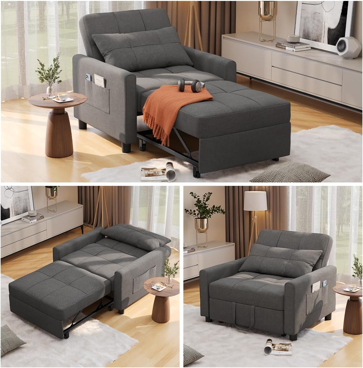 Aiho Sleeper Sofa Chair with Bed, 3-in-1 Convertible Sofa Bed in Modern Linen Fabric for Apartment Living Room Study, Dark Gray