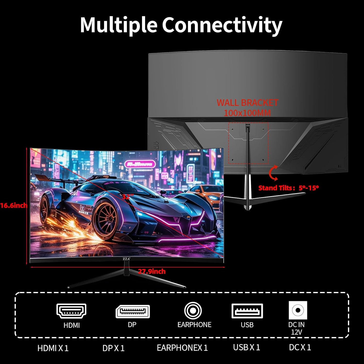 ZZA 32 Inch Curved Gaming Monitor 200Hz Computer Monitor, FHD 1080P 1500R HDR Gaming PC Monitor, FreeSync, Ultra-Fast 1ms Monitor for Gamer, HDMI 2.0, DisplayPort 1.4 VESA Compatible