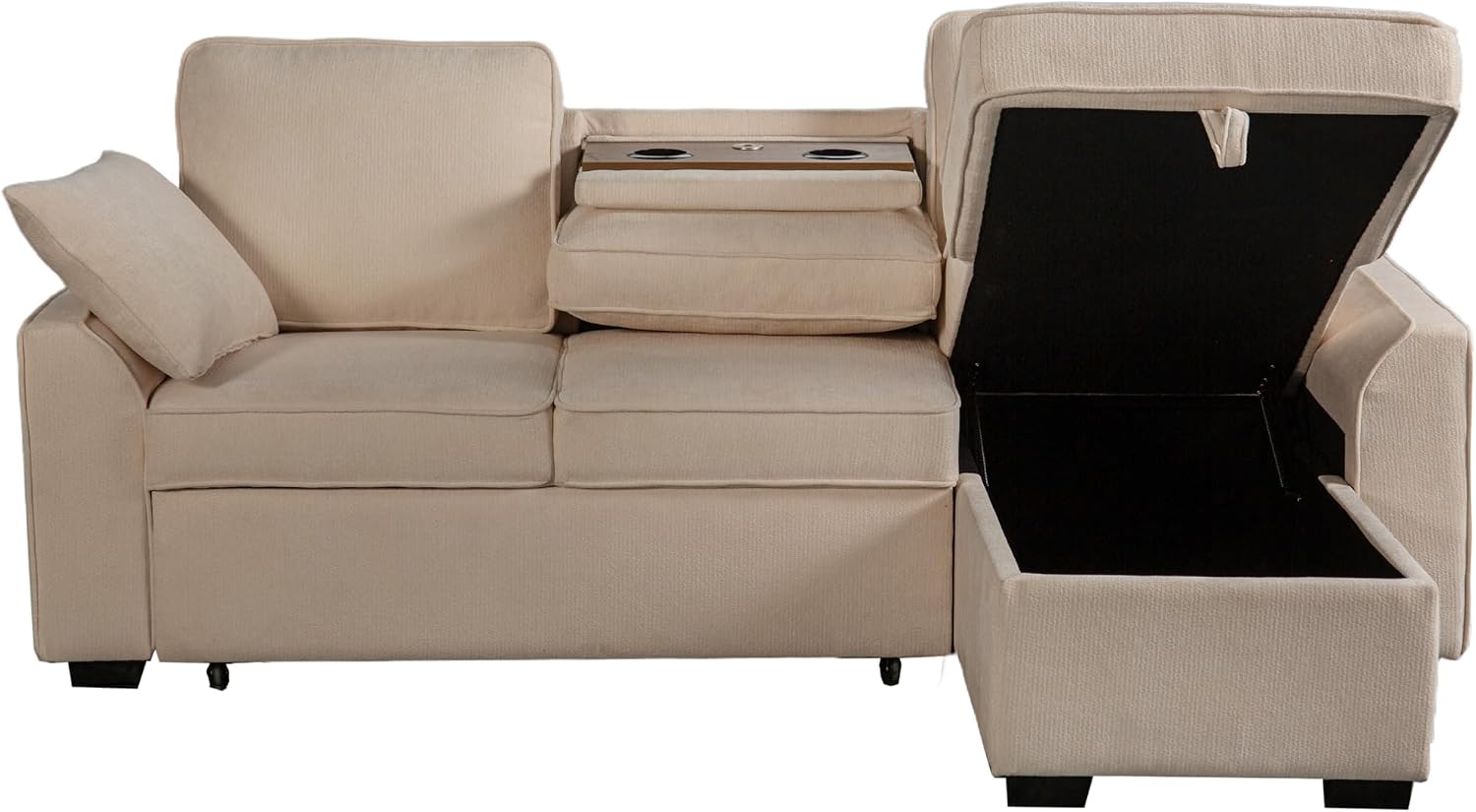 Ball & Cast L-Shape Reversible Sectional Sleeper Sofa Bed 4 in 1 Pull Out Couch with Storage Chaise,Cup Holders & USB Ports,Convertible Sleeper Corner Couch Pull-Out Sofa Bed for Living Room,Office