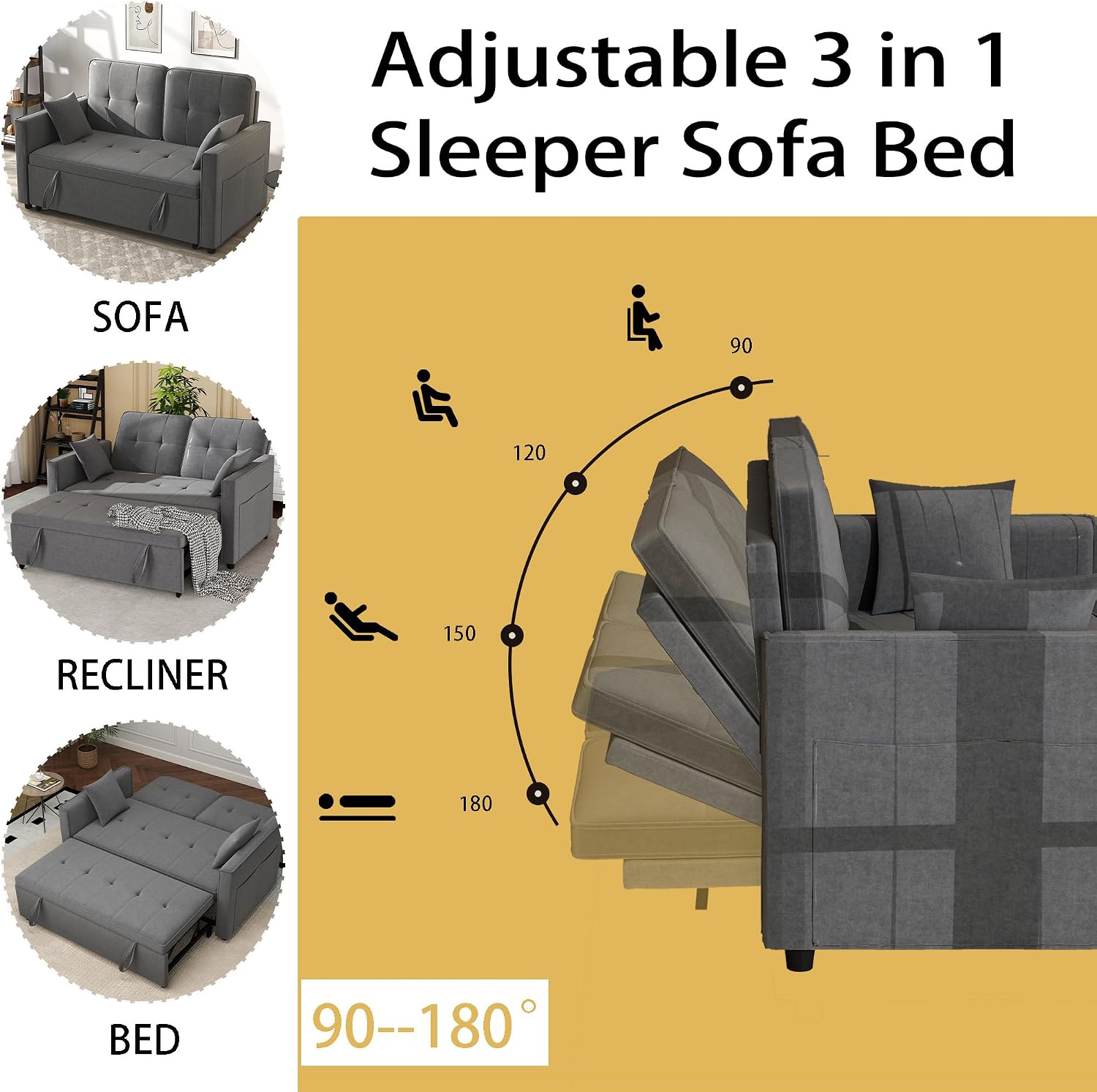 Grey Convertible Sofa Bed: 3 in 1 Sleeper Sofa Couch Bed, Pull Out Couch with Adjustable Backrest, Velvet Convertible Loveseat Sleeper, for Living Room (Grey)