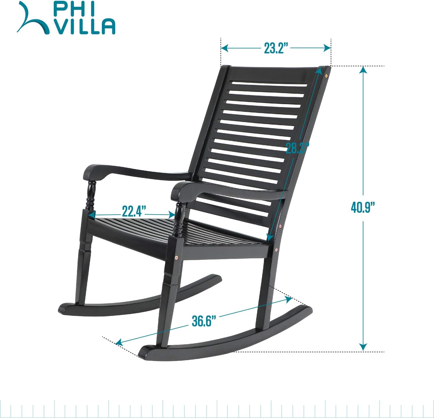 PHI VILLA Outdoor Rocking Chairs, Acacia Wood Rocker Chairs for Patio, Deck, Balcony, Porch or Indoor Use, 30° Safe Recline Support 350lbs - Black