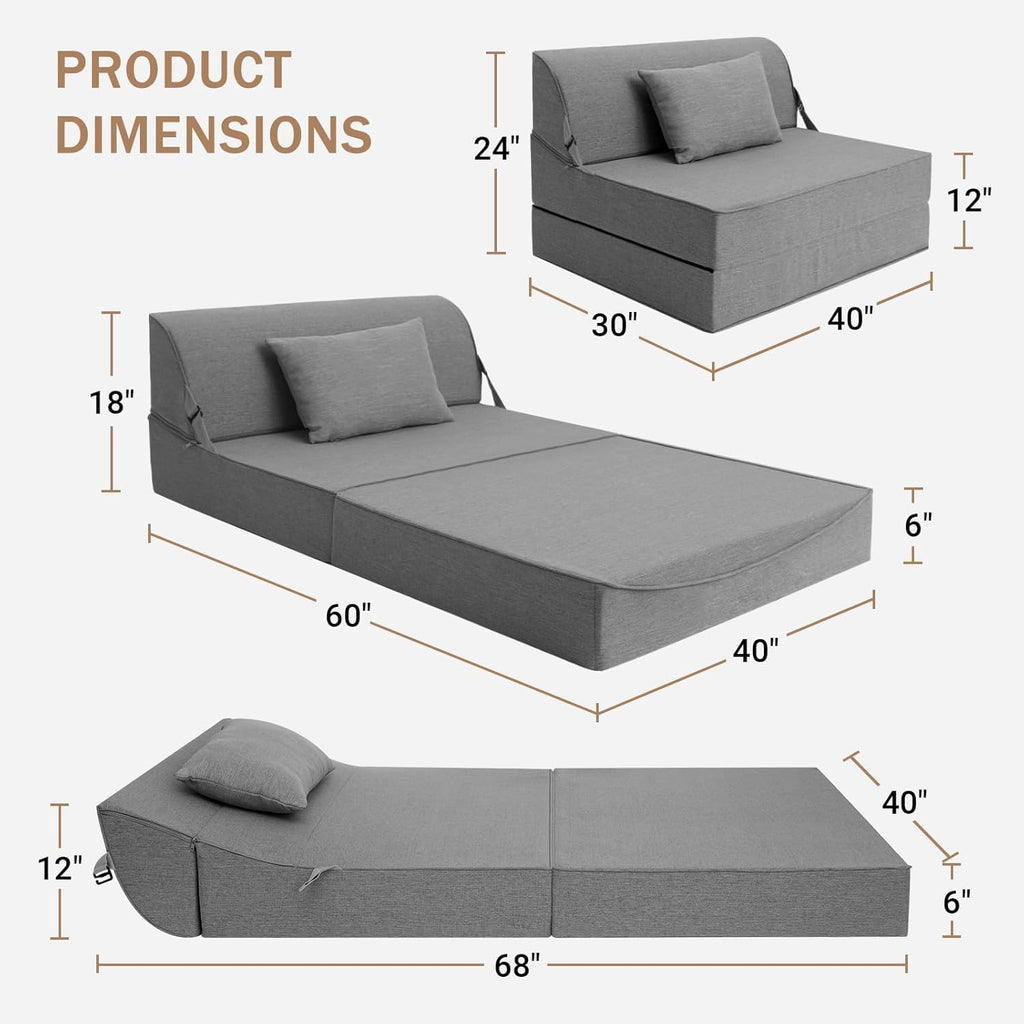 BeBen Folding Sofa Bed Chair, Convertible Sleeper Chair Futon Couch, Foldable Boneless Floor Lounge Sofa, Twin Foam Chair Bed for Small Spaces, Dorm, Guest Room, Living Room, Apartment, Dark Grey