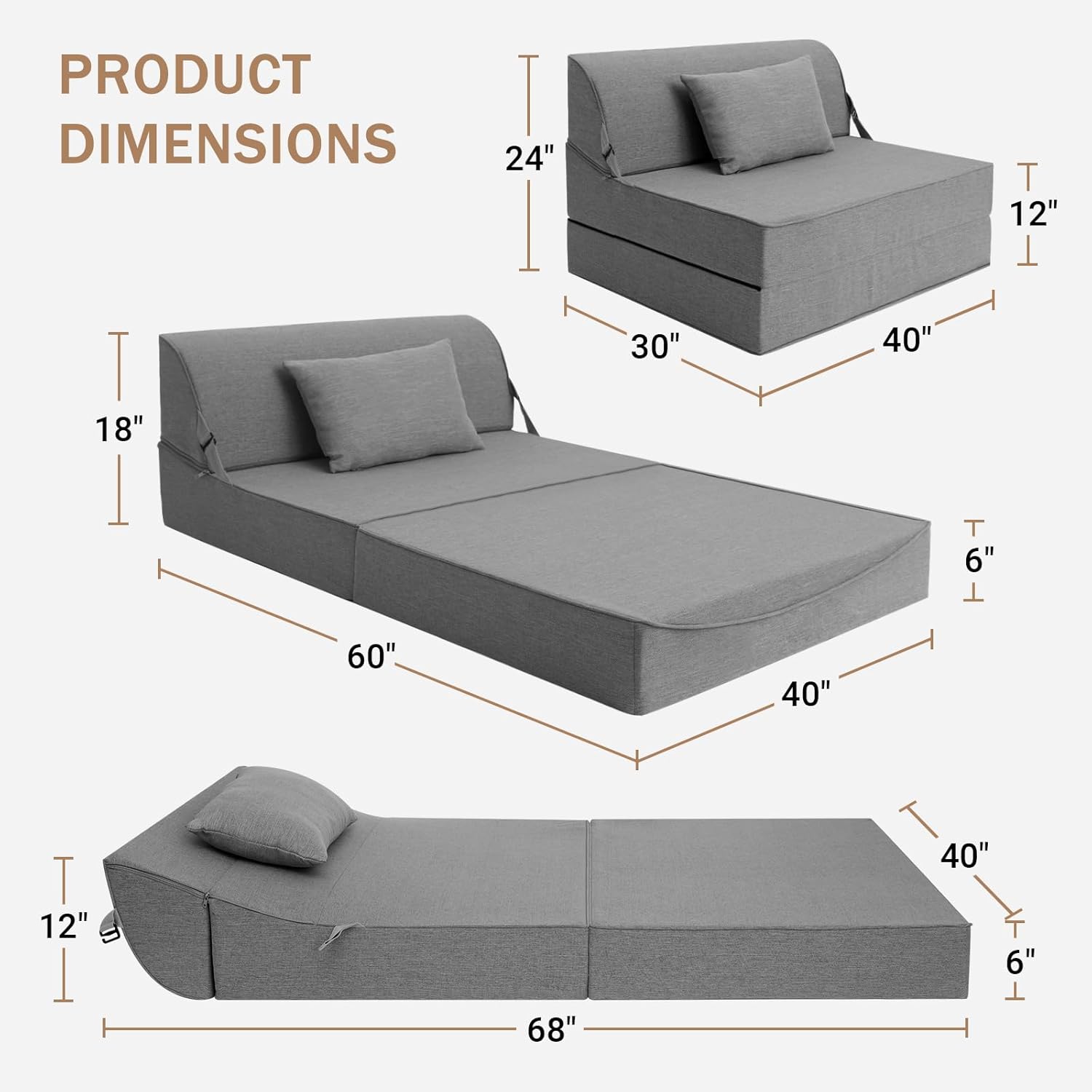 BeBen Folding Sofa Bed Chair, Convertible Sleeper Chair Futon Couch, Foldable Boneless Floor Lounge Sofa, Twin Foam Chair Bed for Small Spaces, Dorm, Guest Room, Living Room, Apartment, Dark Grey