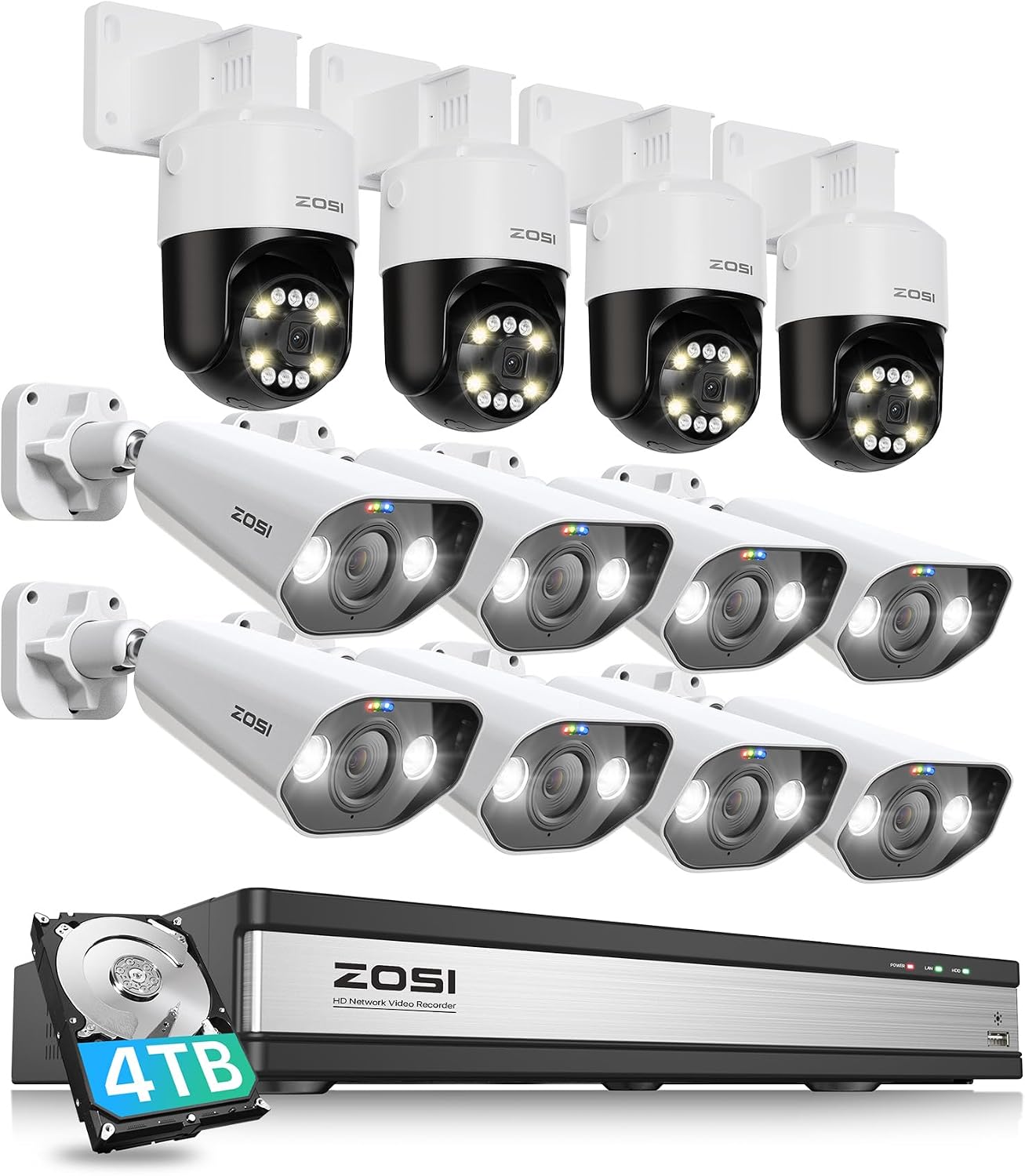 ZOSI 16 Channel 4K PoE Security Camera System with AI Face Person Vehicle Detection, 12 x 5MP 3K Outdoor Bullet PT PoE IP Cameras, 2-Way Audio, Spotlight, 5X Digital Zoom, 4TB HDD for 24/7 Recording