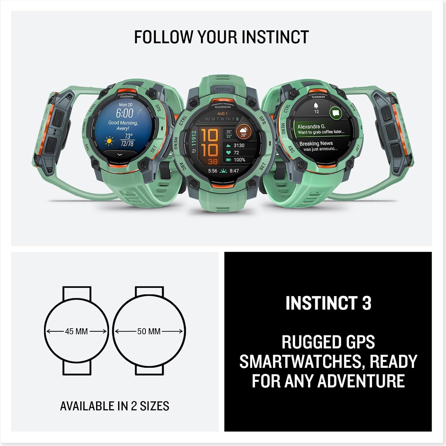 Garmin Instinct® 3 45mm, AMOLED Display, Rugged Outdoor GPS Smartwatch, Metal-Reinforced Bezel, Built-in Flashlight, Up to 18 Days of Battery Life, Neo Tropic