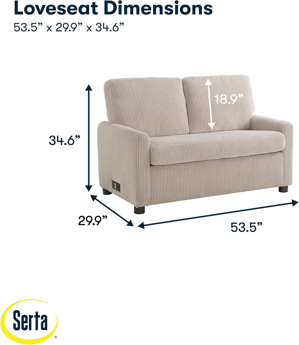 Serta® Darnold 53.5' Pull-Out Sleeper Loveseat, Twin Size, Dreamcoil® Comfort, Memory Foam Pull-Out Mattress, USB-C and USB-A Power Ports, Soft Corduroy Fabric, Beige