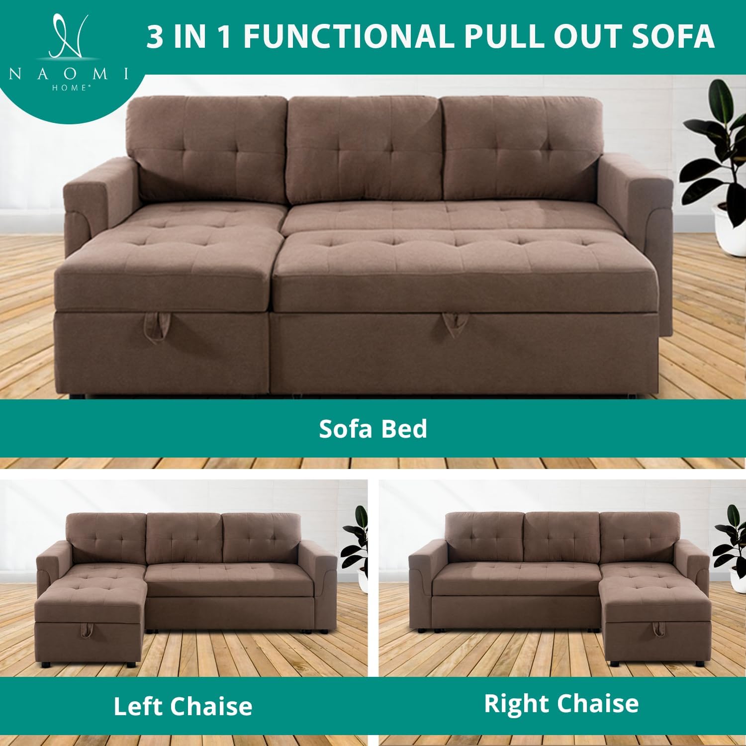 Naomi Home L Shaped Sectional Couch with Storage & Pull Out Bed – 3-in-1 Convertible Sleeper Sofa Bed, Small L Shape Sofa for Living Room, Sofa Bed with Storage Chaise in Mocha, Velvet