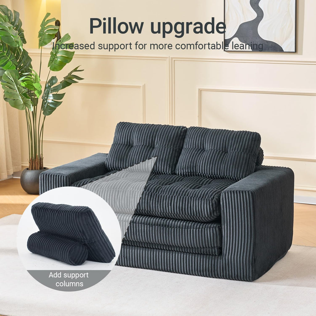 Fefances 55.1'Boneless Sofa Bed, 2-in-1 Convertible Loveseat & Folding Futon Couch, Small Space-Saving Design with Corduroy Fabric, for Living Room, Bedroom, Studio Apartment - Black