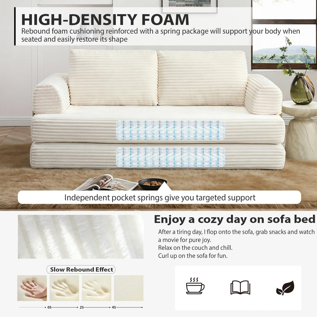 HANXIN 80 Inch Convertible Sleeper Sofa Bed, High Back Plush Corduroy Folding Floor Mattress Couch with Fixed-Shape Frame, Boneless Futon Loveseat with Pull Out Bed, No Assembly Required (Beige)