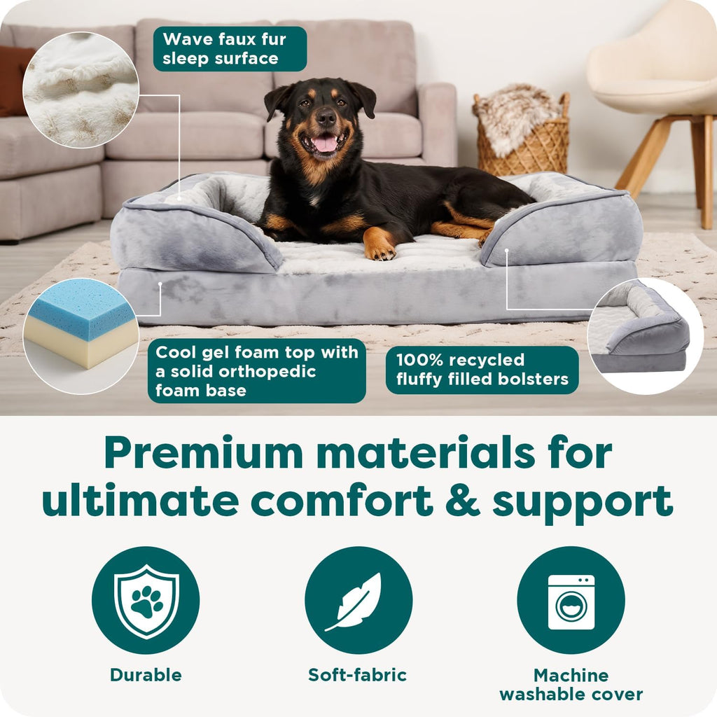 FurHaven Cooling Gel Dog Bed for Large Dogs, Perfect Comfort Sofa Bed with Cool Gel-Top Foam with a Solid Orthopedic Foam Base, Removable Washable Cover, Jumbo Plus XXL, Plush & Velvet, Granite Gray.