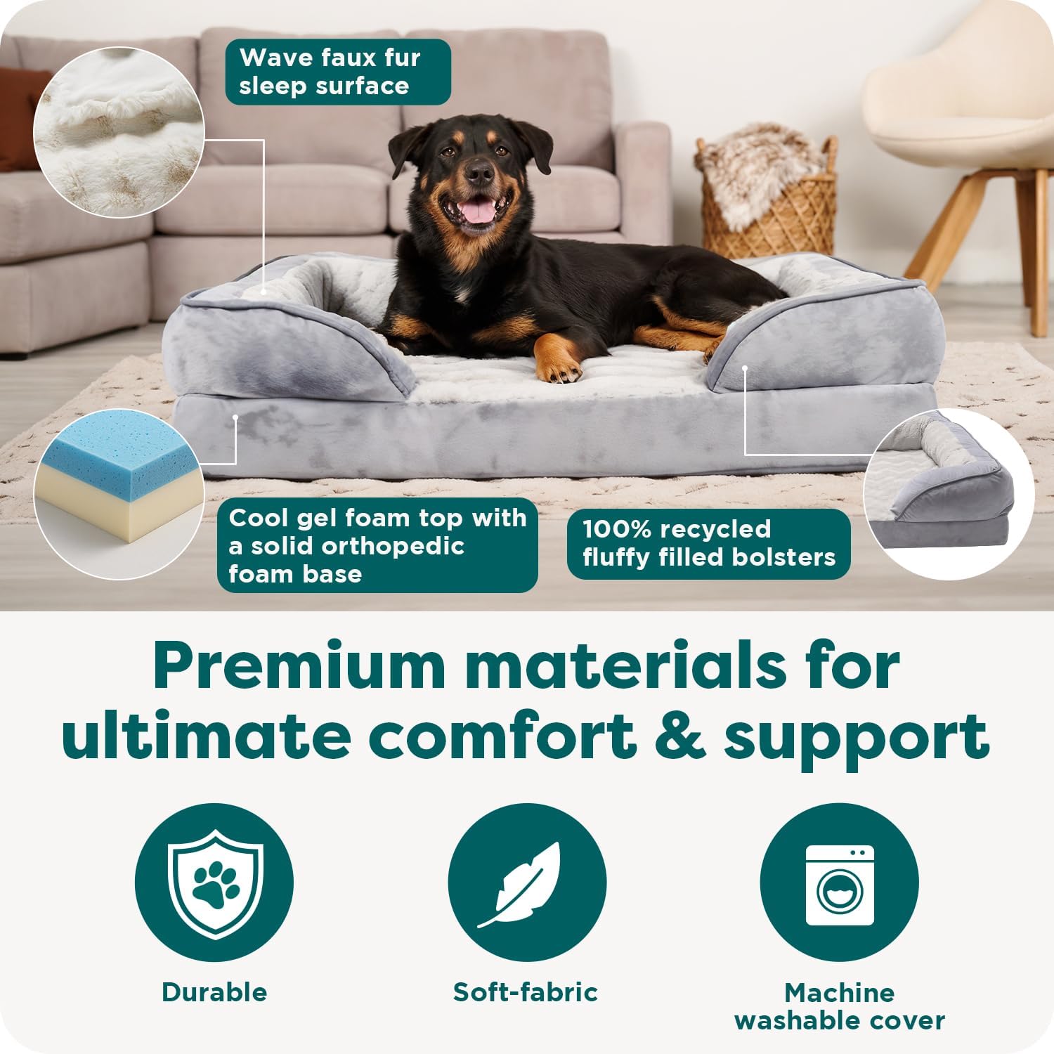 FurHaven Cooling Gel Dog Bed for Large Dogs, Perfect Comfort Sofa Bed with Cool Gel-Top Foam with a Solid Orthopedic Foam Base, Removable Washable Cover, Jumbo Plus XXL, Plush & Velvet, Granite Gray.