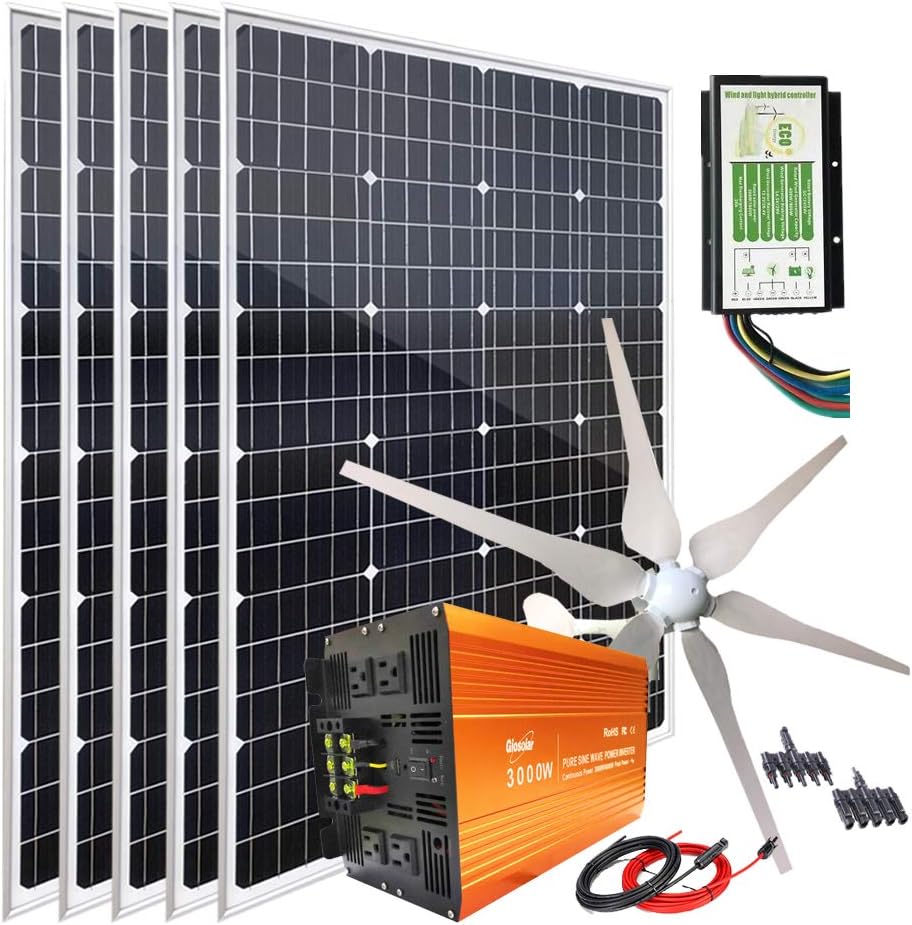 1000W Solar Panel Kit with 400W Wind Turbine Generator + 5pcs 120W Mono Solar Panel + 3000W 12V to 120V Power Inverter + Hybrid Charge Controller for 12V Battery Charge