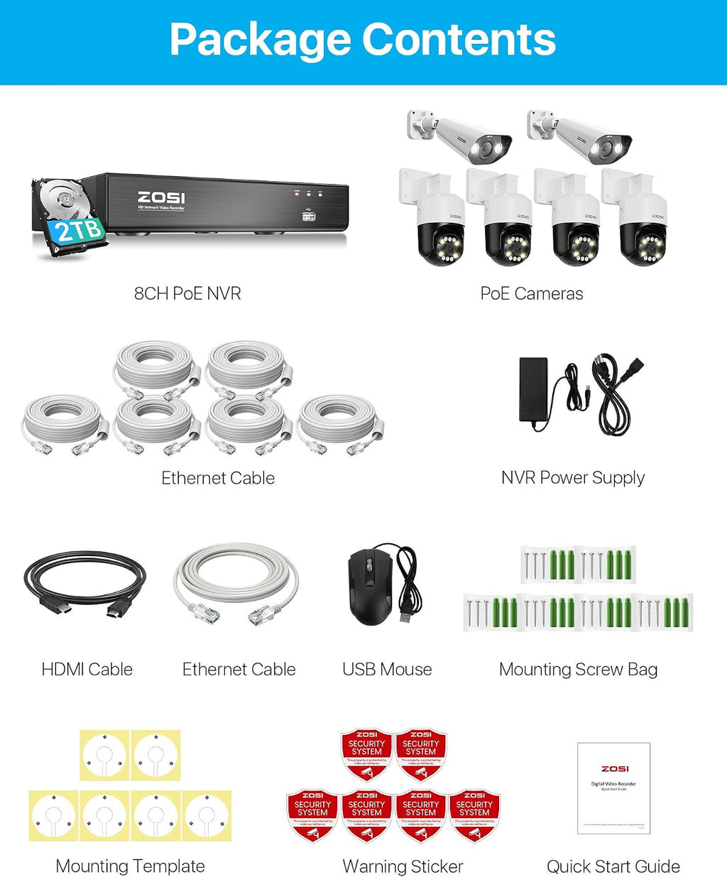 ZOSI 8CH (16CH Expandable) 4K PoE Security Camera System with AI Face Person Vehicle Detection, 6 X 5MP 3K Outdoor PT Bullet IP PoE Cameras, 2-Way Audio, 5X Digital Zoom, 2TB HDD for 24/7 Recording