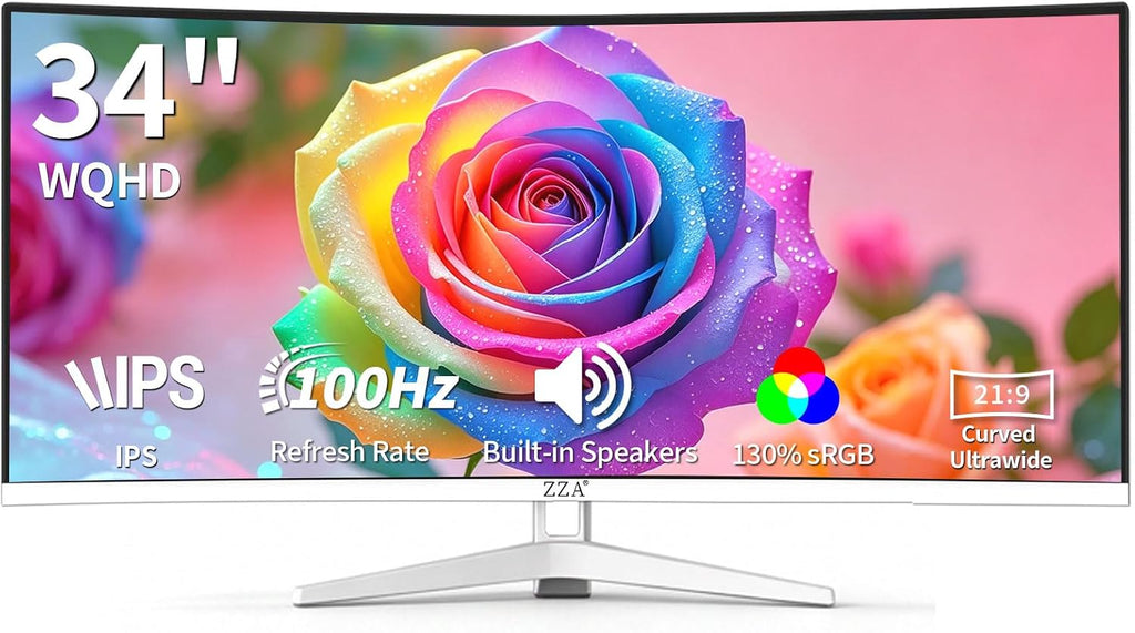 34'' Ultrawide Curved Monitor-WQHD 3440x1440 Resolution,100Hz, IPS Panel, Built-in Speakers,3800R Curvature,HDR10,AMD FreeSync Premium,21:9 Aspect Ratio,Low Blue Light,Flicker-Free Technology-White