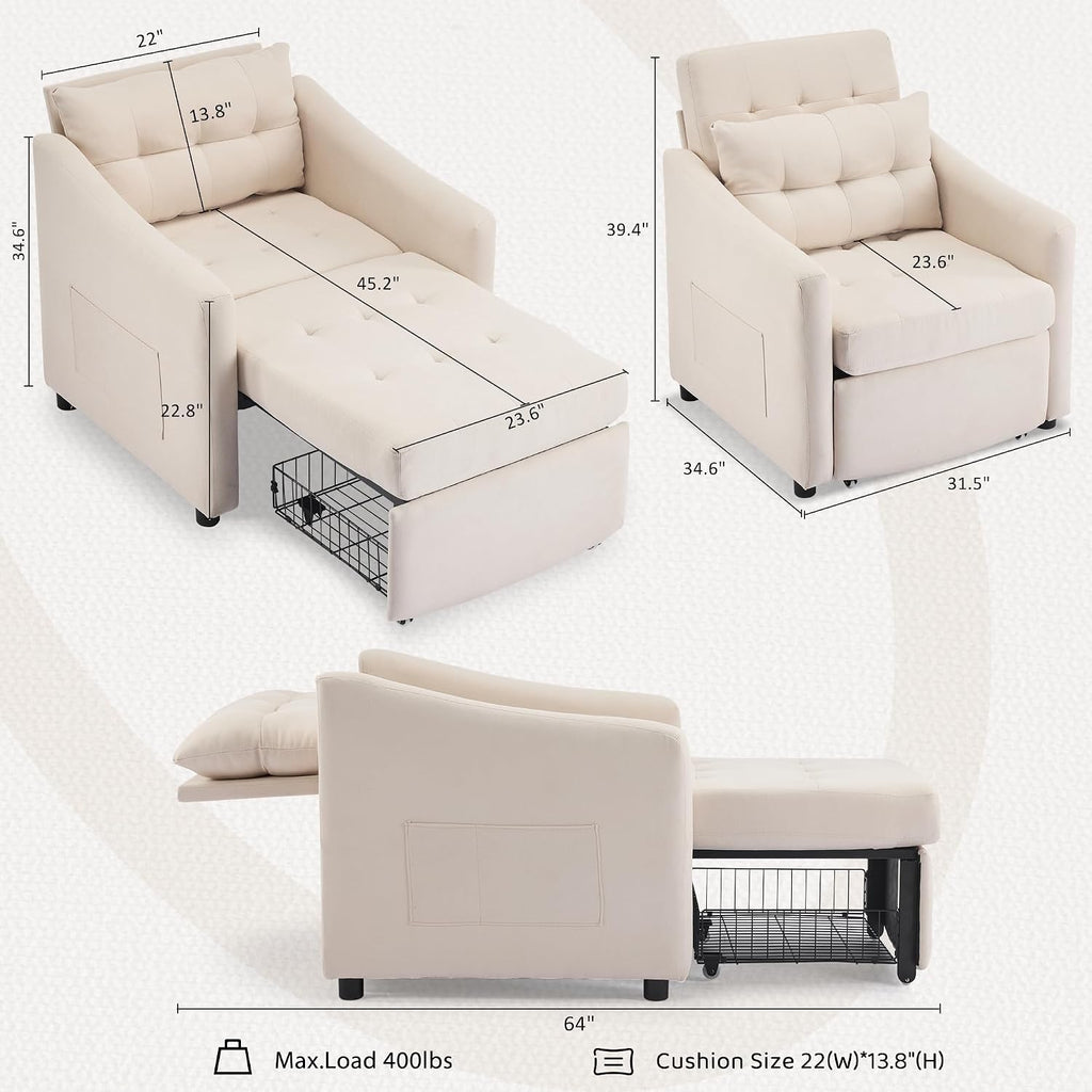 Bezseller Sleeper Sofa Chair Bed, 3-in-1 Convertible Sleeper Chair with Storage Drawer, Pull Out Couch with Side Pocket, Pillow, and Adjustable Backrest, for Living Room Bedroom Apartment, Beige