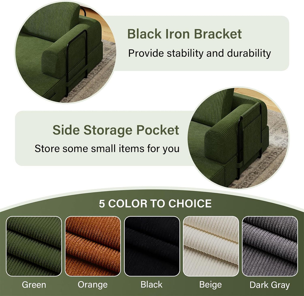 78'' Sleeper Couch Bed for Living Room, Convertible Modular Sofa with Fixed Frame and Side Pocket, Corduroy Futon Boneless Couches in a Box, No Assembly, Green