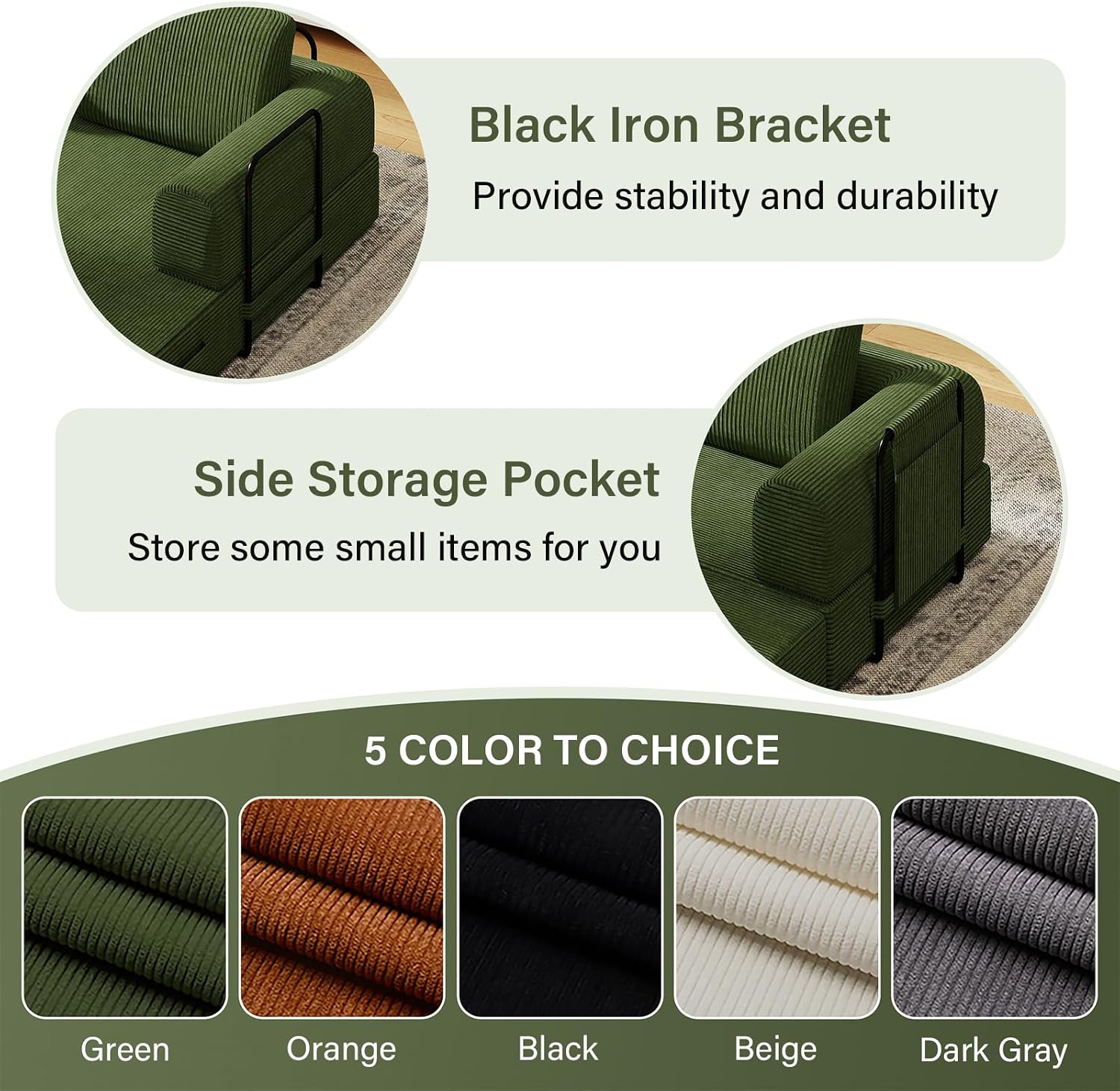 78'' Sleeper Couch Bed for Living Room, Convertible Modular Sofa with Fixed Frame and Side Pocket, Corduroy Futon Boneless Couches in a Box, No Assembly, Green