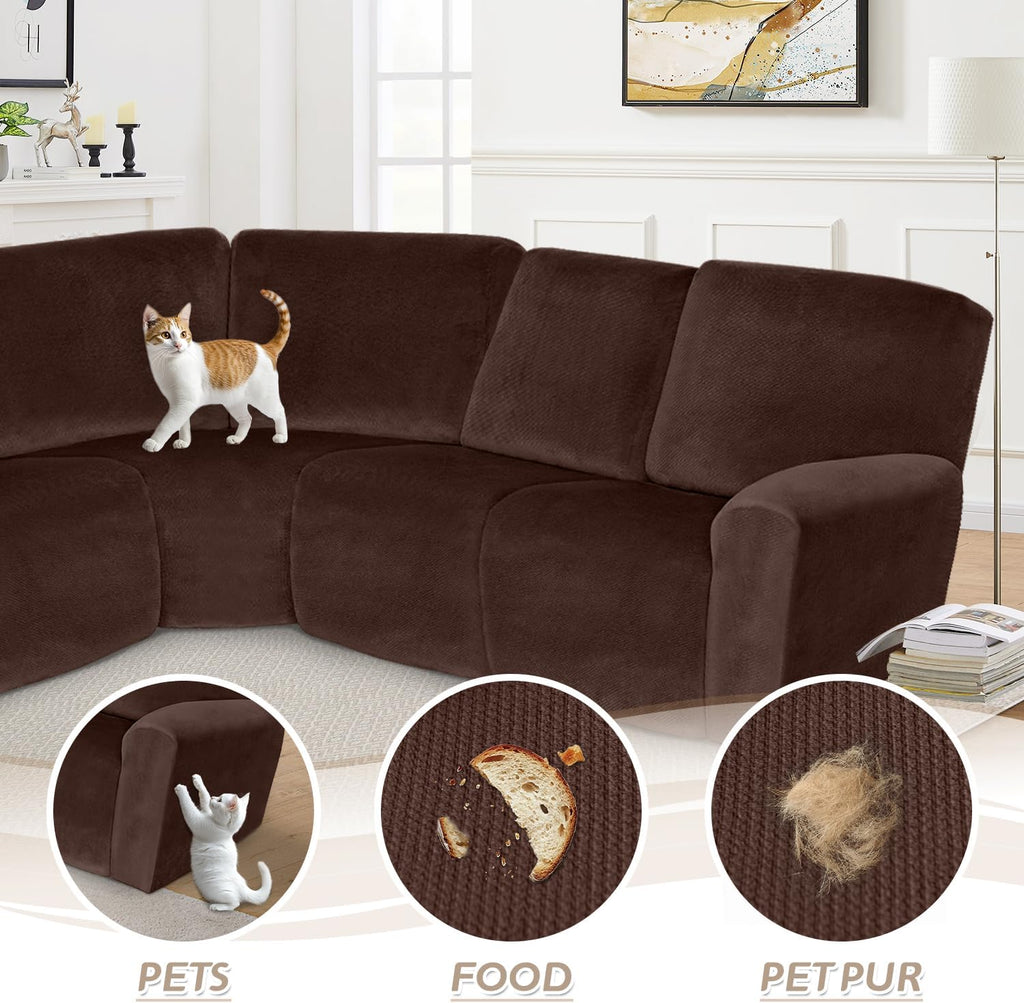Arfntevss Sectional Recliner Couch Covers Velvet Corner Sectional Sofa Cover for Reclining Couch Stretch Soft L Shape Recliner Slipcover Thick U Shaped Washable Protector (5 Seat Cover, Dark Brown)