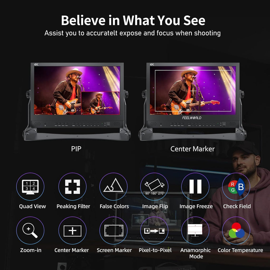 FEELWORLD ATEM156 Quad-Split Monitor 4K 15.6' Director's Monitor with 4 x HDMI I/O Live Streaming Broadcast Display Screen for Switchers, Mixer, Studio, Television