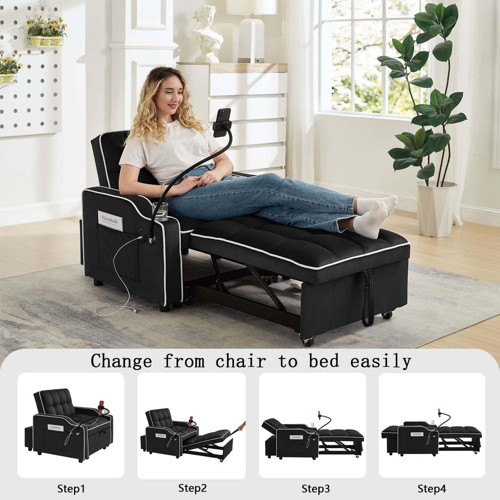 Convertible Sofa Bed, 3 in 1 Futon Sofa Bed with USB Charging Ports, Cup Holder, Phone Stand & Pocket, Modern Upholstered Sleeper Sofa for Living Room, Apartment or Small Space (Black)
