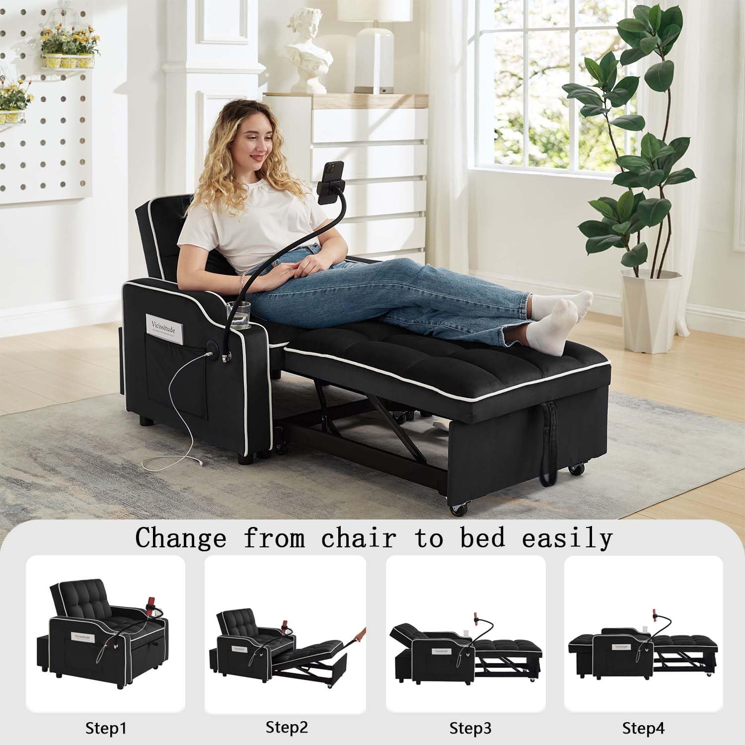 Convertible Sofa Bed, 3 in 1 Futon Sofa Bed with USB Charging Ports, Cup Holder, Phone Stand & Pocket, Modern Upholstered Sleeper Sofa for Living Room, Apartment or Small Space (Black)