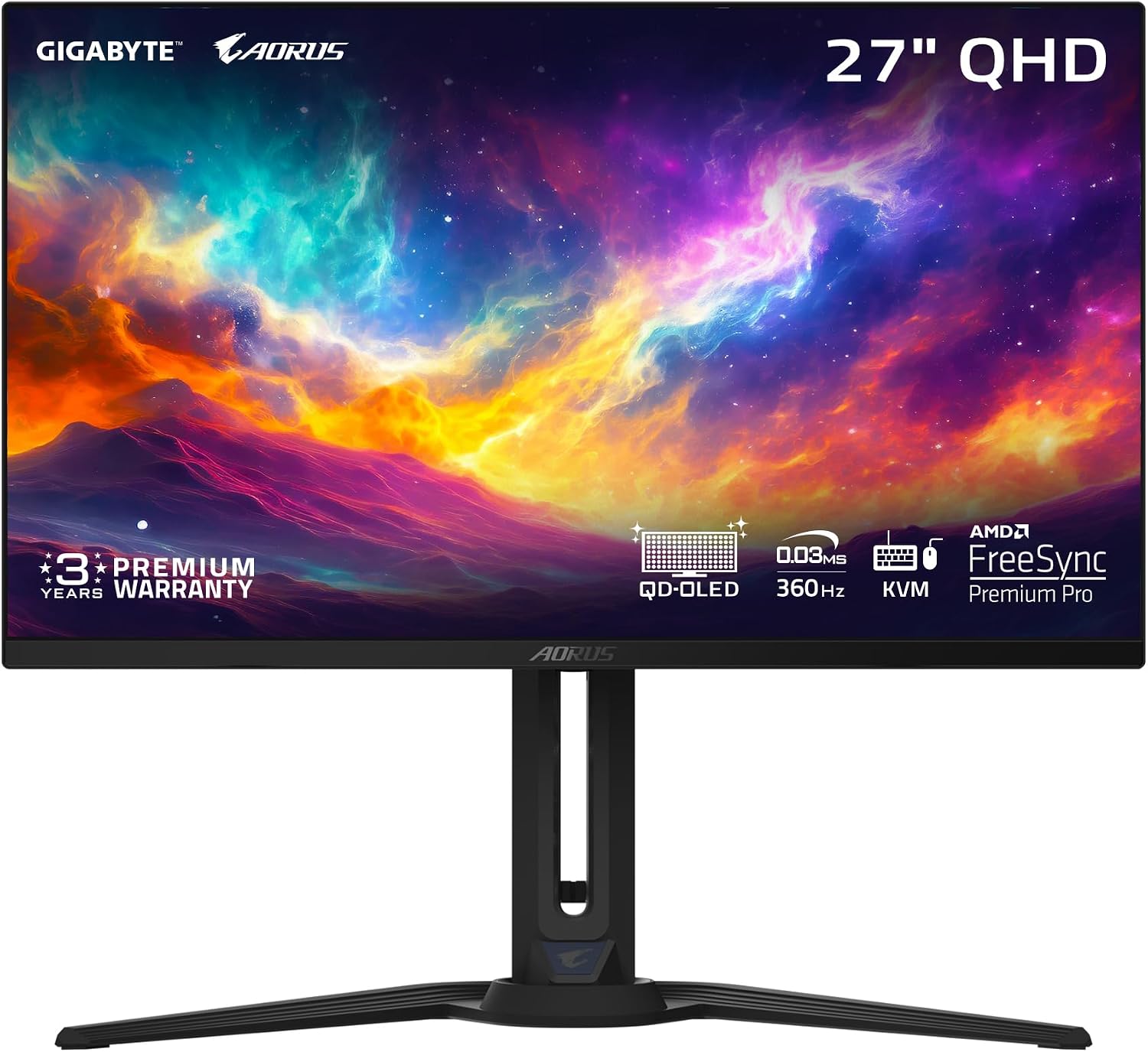 GIGABYTE - AORUS FO27Q3-27' QD OLED Gaming Monitor - QHD 2560x1440-360Hz - 0.03ms GTG - AMD FreeSync Premium Pro - Type C KVM - HDMI, DP, Type C - Height Adjustable - Black