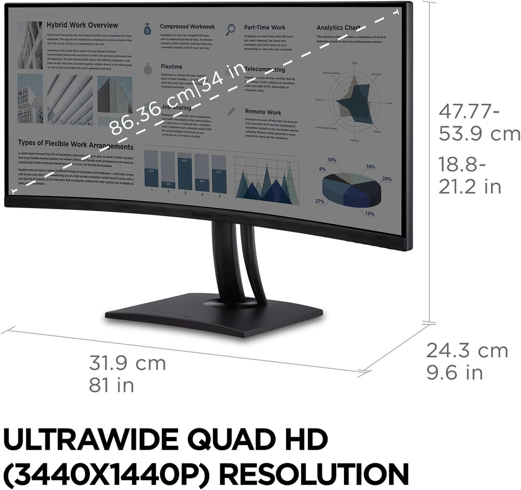 ViewSonic VP3456A 34 Inch 1440p Ultrawide ColorPro Monitor, Curved Display with 100% sRGB and Pantone Validated for Professional Graphic Design, Advanced Ergonomics, 100W USB-C, HDMI, and DP Inputs